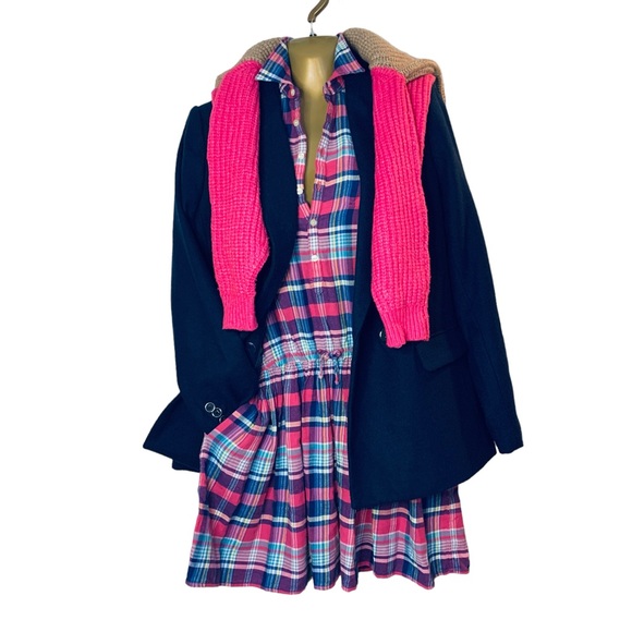 Polo Ralph Lauren hot pink navy plaid flannel long sleeve button up mini dress S - Picture 3 of 12